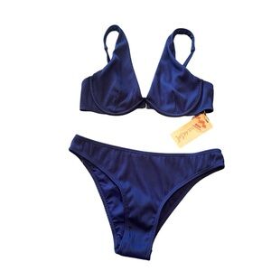 Cabana Del Sol Chic Navy Ribbed Bikini Set, Medium